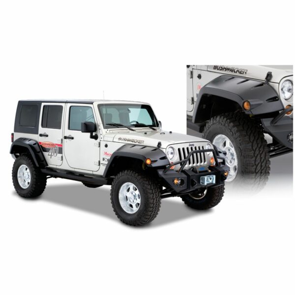Bushwacker 10045-02 Black Max Coverage Pocket/Rivet Style Smooth Finish Front Fender Flares with Extended Coverage for 2007-2018 Jeep Wrangler JK