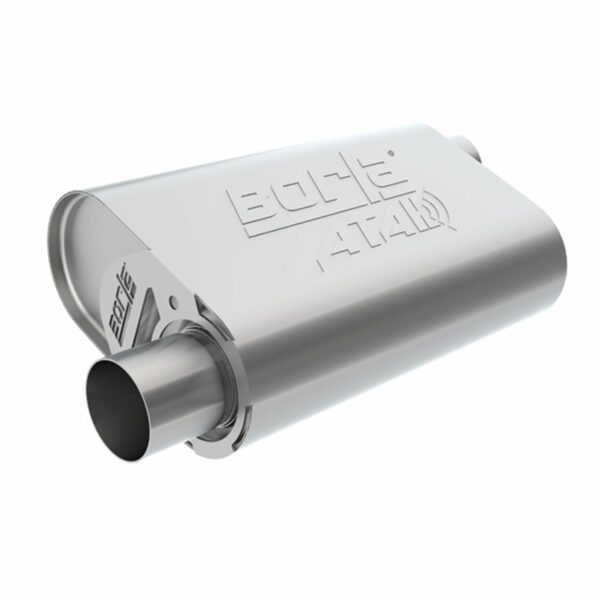 CrateMuffler(r) Muffler Ford Small Block 289/ 302/ 351W CID V8 High Output & Big Block 390/ 427/ 428/ 460 CID V8 Moderate Output FE Series 2.5 in. Offset Inlet/ 2.5 in. Offset Outlet ATAK(r)